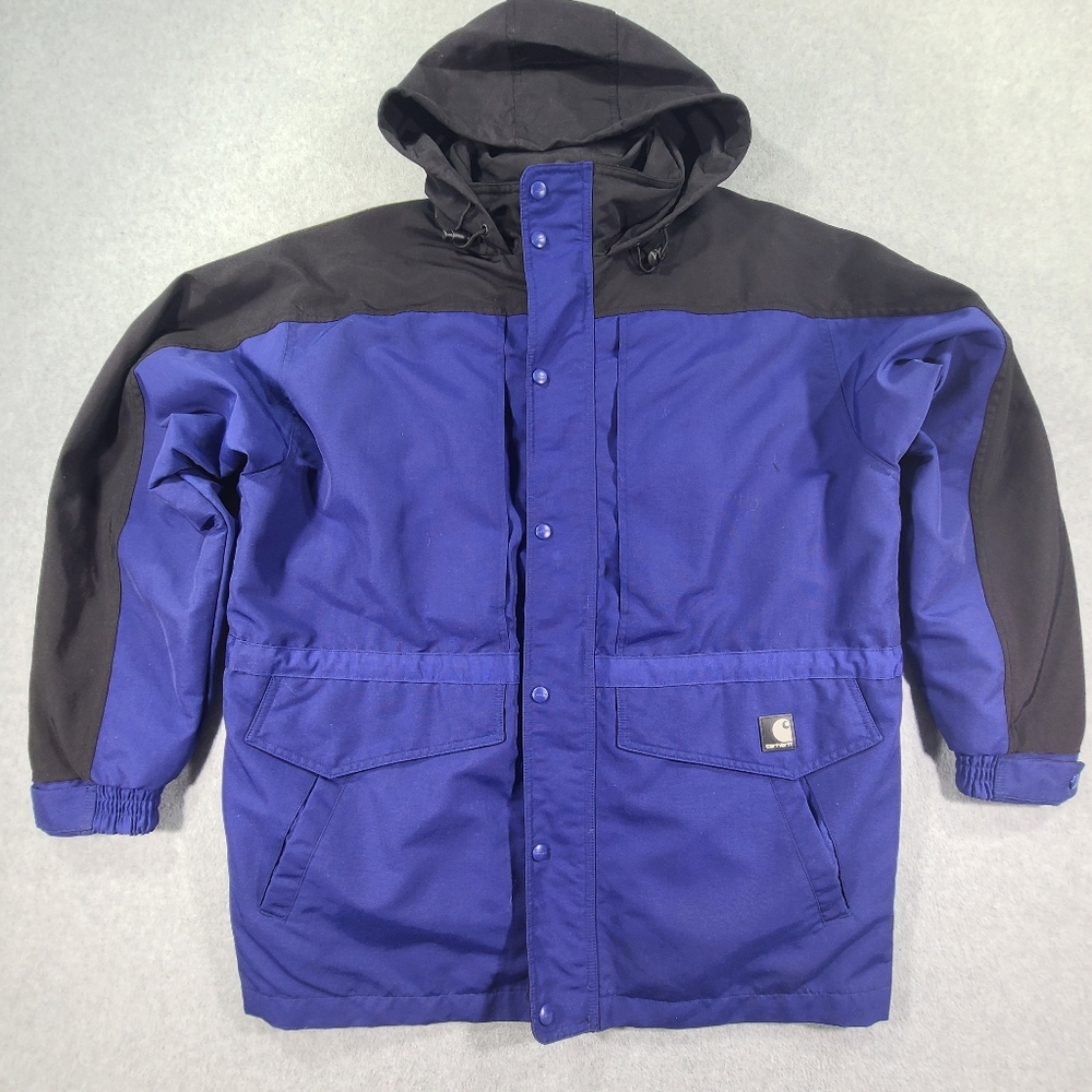 Carhartt Workshield Parka Hooded Coat Mens Large Blue Black Reg Fit Flap Pockets